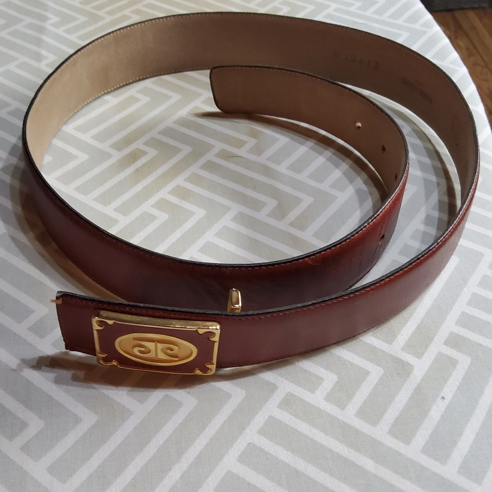 Vintage Pierre Cardin Brown Leather Belt with Signture Gold Buckle